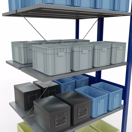 Produktbild Nr.7 des Artikels Anbauregal, Doppelregal, Fachbodenregal Stecksystem MULTIplus150, 3000 x 1000 x (2x800) mm (HxBxT), 2x7 Fachböden, Kreuzstrebe, RAL 5010 enzianblau aus der Produktreihe Fachbodenregale von der Marke Schulte Lagertechnik