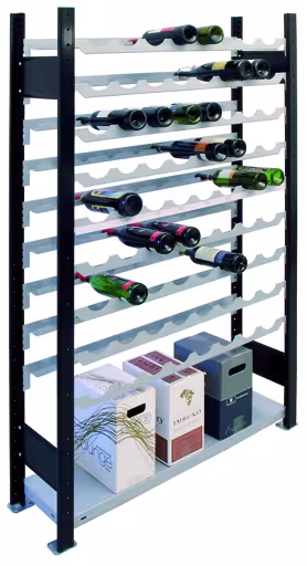 Abbildung Nr 10 des Artikels Grundregal, Weinregal 1800 x 1000 x 250 mm, schwarz/silber, 9 Ebenen für 72 Flaschen aus der Produktgruppe Fachbodenregale von der Marke Schulte Lagertechnik