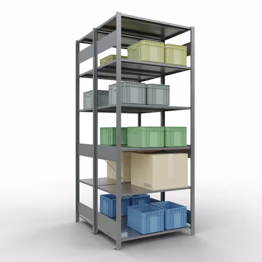 Abbildung Nr 12 des Artikels Grundregal, Doppelregal, Fachbodenregal Stecksystem MULTIplus150, 2500 x 1000 x (2x600) mm (HxBxT), 2x6 Fachböden, Kreuzstrebe, verzinkt aus der Produktgruppe Fachbodenregale von der Marke Schulte Lagertechnik