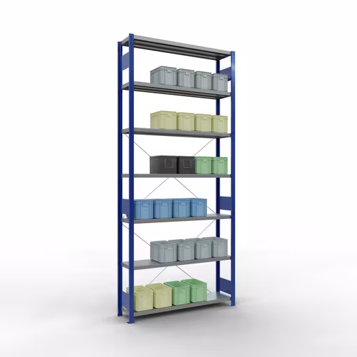 Abbildung Nr 12 des Artikels Grundregal, Fachbodenregal Stecksystem MULTIplus250, 3000 x 1300 x 300 mm (HxBxT), 7 Fachböden, Kreuzstrebe, RAL 5010 enzianblau/verzinkt aus der Produktgruppe Stecksystem von der Marke Schulte Lagertechnik