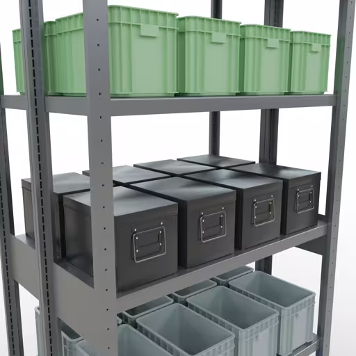 Zusatzbild des Artikels Grundregal, Doppelregal, Fachbodenregal Stecksystem MULTIplus250, 2500 x 1000 x (2x300) mm (HxBxT), 2x6 Fachböden, Kreuzstrebe, verzinkt aus Doppelregale