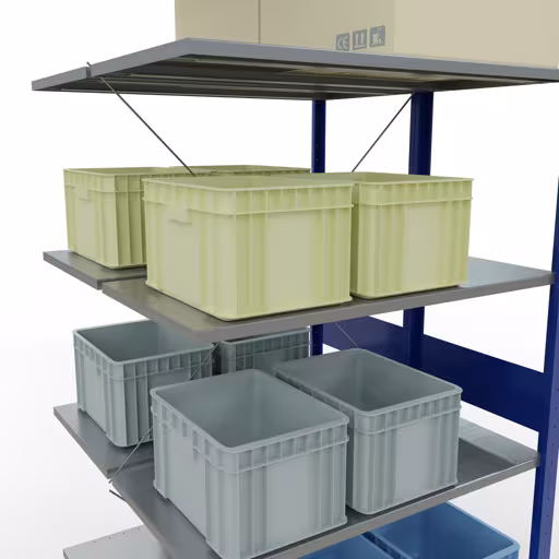 Produktbild Nr.7 des Artikels Anbauregal, Doppelregal, Fachbodenregal Stecksystem MULTIplus150, 3000 x 1000 x (2x1000) mm (HxBxT), 2x7 Fachböden, Kreuzstrebe, RAL 5010 enzianblau aus der Produktreihe Fachbodenregale von der Marke Schulte Lagertechnik