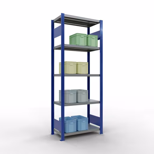 Grundregal, Fachbodenregal Stecksystem MULTIplus250, 2000 x 750 x 400 mm (HxBxT), 5 Fachböden, Längenriegel, RAL 5010 enzianblau/verzinkt/verzinkt von Schulte Lagertechnik mit der Artikelnr. 12940-75-LR-B