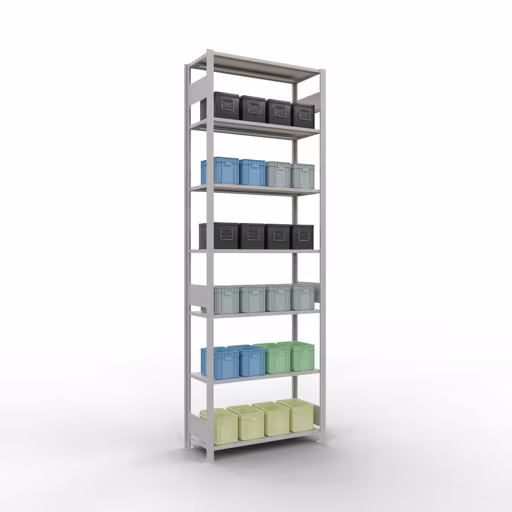 Produktbild Nr 13 des Artikels Grundregal, Fachbodenregal Stecksystem MULTIplus85, 3000 x 1000 x 400 mm (HxBxT), 7 Fachböden, Längenriegel, RAL 7035 lichtgrau Abbildung Nr 13 des Artikels Grundregal, Fachbodenregal Stecksystem MULTIplus85, 3000 x 1000 x 400 mm (HxBxT), 7 Fachböden, Längenriegel, RAL 7035 lichtgrau aus der Produktgruppe Stecksystem von der Marke Schulte Lagertechnik