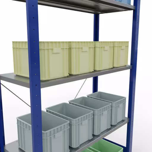 Abbildung Nr 8 des Artikels Grundregal, Fachbodenregal Stecksystem MULTIplus85, 2000 x 1000 x 400 mm (HxBxT), 5 Fachböden, Kreuzstrebe, RAL 5010 enzianblau aus der Produktgruppe Stecksystem von der Marke Schulte Lagertechnik