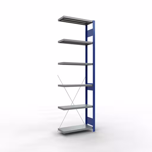 Anbauregal, Fachbodenregal Stecksystem MULTIplus250, 2500 x 750 x 300 mm (HxBxT), 6 Fachböden, Kreuzstrebe, RAL 5010 enzianblau/verzinkt/verzinkt aus der Kategorie Anbauregal mit der Artikelnummer 12936-75-B