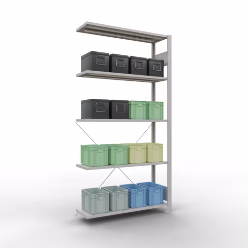 Abbildung Nr 15 des Artikels Anbauregal, Fachbodenregal Stecksystem MULTIplus150, 2000 x 1000 x 300 mm (HxBxT), 5 Fachböden, Kreuzstrebe, RAL 7035 lichtgrau aus der Produktgruppe Stecksystem von der Marke Schulte Lagertechnik