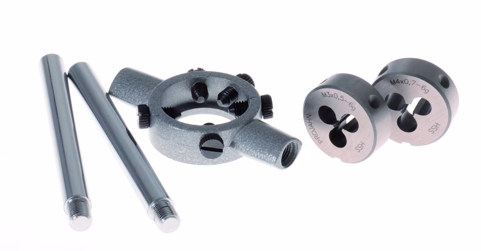 Andere Ansicht des Artikels Schneideisen Satz HSS-G 8-tlg. M3 - M12 mit Schneideisenhalter aus der Kategorie Handwerkzeuge