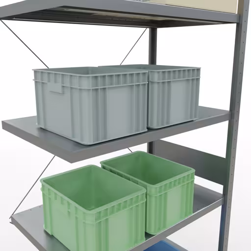 Produktbild Nr.8 des Artikels Anbauregal, Fachbodenregal Stecksystem MULTIplus250, 3000 x 1000 x 600 mm (HxBxT), 7 Fachböden, Kreuzstrebe, verzinkt aus der Produktreihe Stecksystem von der Marke Schulte Lagertechnik
