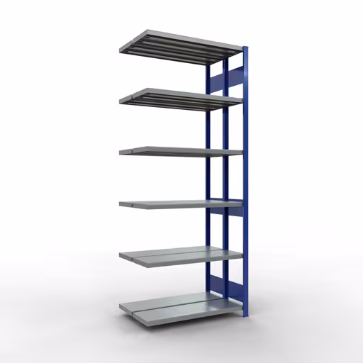 Zusatzbild des Artikels Anbauregal, Doppelregal, Fachbodenregal Stecksystem MULTIplus250, 2500 x 1000 x (2x300) mm (HxBxT), 2x6 Fachböden, Längenriegel, RAL 5010 enzianblau aus Doppelregale