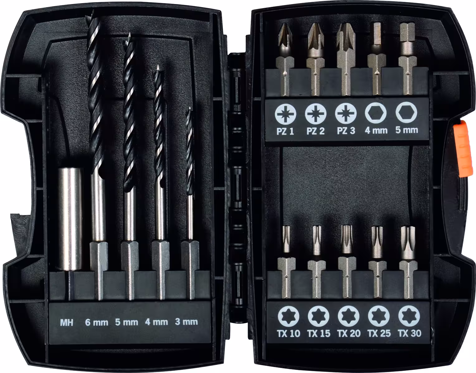Bohrer-Bit-Box 15-tlg. Holzbohrer mit E 6.3 Schaft Ø 3, 4, 5, 6 mm Bits: PZ, TX, Hex aus der Kategorie Bits & Bithalter mit der Artikelnummer 19398