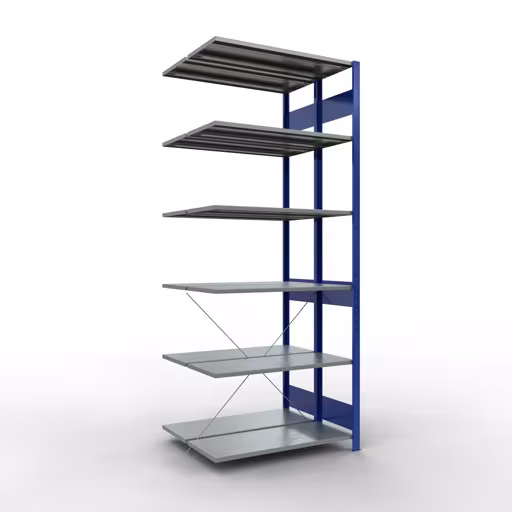 Anbauregal, Doppelregal, Fachbodenregal Stecksystem MULTIplus150, 2500 x 1000 x (2x400) mm (HxBxT), 2x6 Fachböden, Kreuzstrebe, RAL 5010 enzianblau aus der Kategorie Doppelregale mit der Artikelnummer 32746-B
