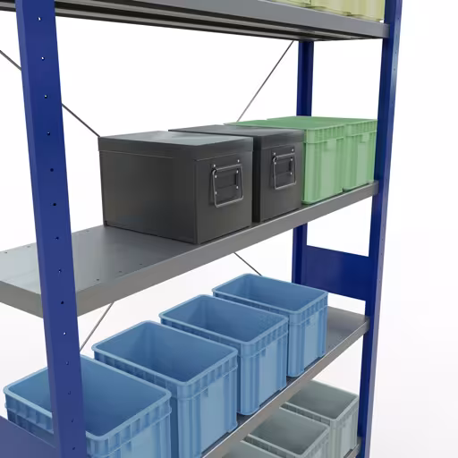 Abbildung Nr 9 des Artikels Grundregal, Fachbodenregal Stecksystem MULTIplus250, 3000 x 1300 x 300 mm (HxBxT), 7 Fachböden, Kreuzstrebe, RAL 5010 enzianblau/verzinkt aus der Produktgruppe Stecksystem von der Marke Schulte Lagertechnik