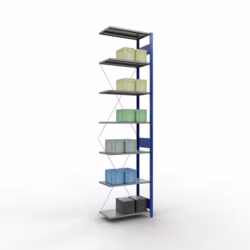 Zusatzbild des Artikels Anbauregal, Fachbodenregal Stecksystem MULTIplus150, 3000 x 750 x 400 mm (HxBxT), 7 Fachböden, Kreuzstrebe, RAL 5010 enzianblau/verzinkt/verzinkt aus Anbauregal