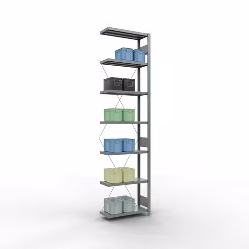 Anbauregal, Fachbodenregal Stecksystem MULTIplus250, 3000 x 750 x 300 mm (HxBxT), 7 Fachböden, Kreuzstrebe, verzinkt mit der Artikelnr. 12937-75 Anbauregal, Fachbodenregal Stecksystem MULTIplus250, 3000 x 750 x 300 mm (HxBxT), 7 Fachböden, Kreuzstrebe, verzinkt von Schulte Lagertechnik aus der Kategorie Stecksystem