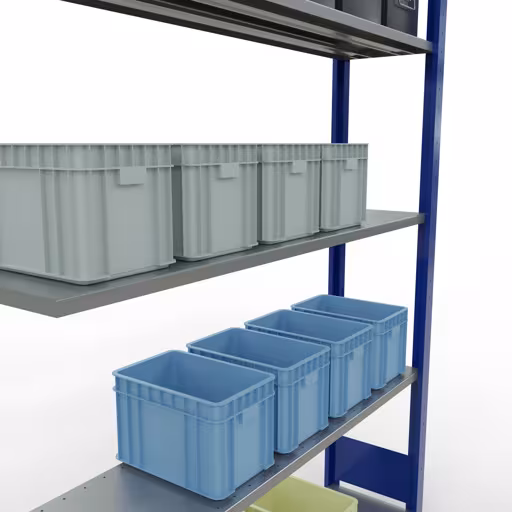 Produktbild Nr.7 des Artikels Anbauregal, Fachbodenregal Stecksystem MULTIplus150, 2000 x 1300 x 300 mm (HxBxT), 5 Fachböden, Längenriegel, RAL 5010 enzianblau/verzinkt aus der Produktreihe Stecksystem von der Marke Schulte Lagertechnik
