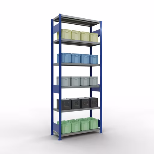 Grundregal, Fachbodenregal Stecksystem MULTIplus330, 2500 x 1000 x 400 mm (HxBxT), 6 Fachböden, Längenriegel, RAL 5010 enzianblau/verzinkt von Schulte Lagertechnik mit der Artikelnr. 13941-LR-B