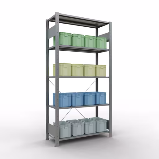 Grundregal, Fachbodenregal Stecksystem MULTIplus150, 2000 x 1000 x 400 mm (HxBxT), 5 Fachböden, Kreuzstrebe, verzinkt von Schulte Lagertechnik mit der Artikelnr. 12740