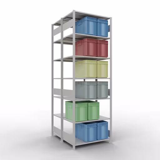 Produktbild Nr.13 des Artikels Grundregal, Doppelregal, Fachbodenregal Stecksystem MULTIplus150, 3000 x 1000 x (2x600) mm (HxBxT), 2x7 Fachböden, Längenriegel, RAL 7035 lichtgrau aus der Produktreihe Fachbodenregale von der Marke Schulte Lagertechnik