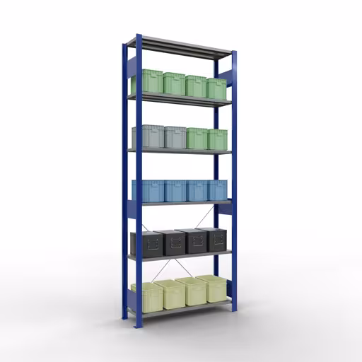 Grundregal, Fachbodenregal Stecksystem MULTIplus150, 2500 x 1000 x 300 mm (HxBxT), 6 Fachböden, Kreuzstrebe, RAL 5010/verzinkt von Schulte Lagertechnik aus der Kategorie Stecksystem