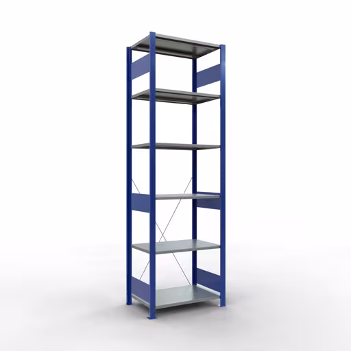 Grundregal, Fachbodenregal Stecksystem MULTIplus150, 2500 x 750 x 500 mm (HxBxT), 6 Fachböden, Kreuzstrebe, RAL 5010 enzianblau/verzinkt/verzinkt aus der Kategorie Grundregal mit der Artikelnummer 12751-75-B