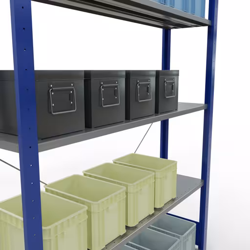 Grundregal, Fachbodenregal Stecksystem MULTIplus150, 2000 x 1300 x 300 mm (HxBxT), 5 Fachböden, Kreuzstrebe, RAL 5010 enzianblau/verzinkt von der Marke Schulte Lagertechnik aus der Produktreihe Stecksystem