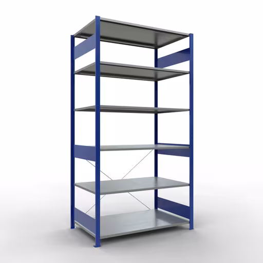 Grundregal, Fachbodenregal Stecksystem MULTIplus150, 2500 x 1300 x 800 mm (HxBxT), 6 Fachböden, Kreuzstrebe, RAL 5010 enzianblau/verzinkt aus der Kategorie Grundregal mit der Artikelnummer 12781-130-B