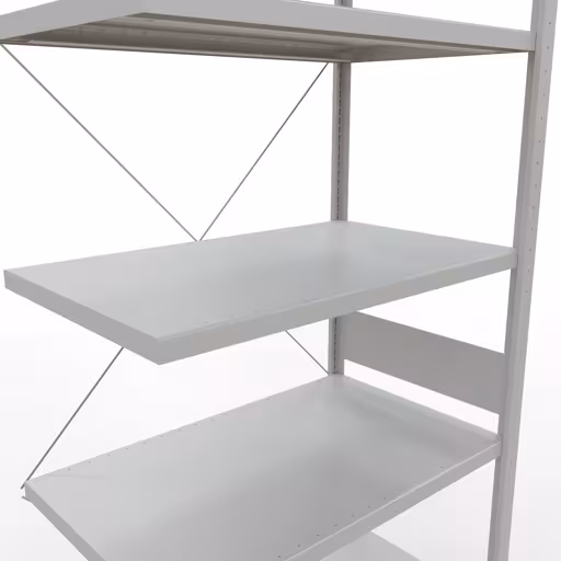 Andere Ansicht des Artikels Anbauregal, Fachbodenregal Stecksystem MULTIplus250, 3000 x 1000 x 600 mm (HxBxT), 7 Fachböden, Kreuzstrebe, RAL 7035 lichtgrau aus der Kategorie Stecksystem