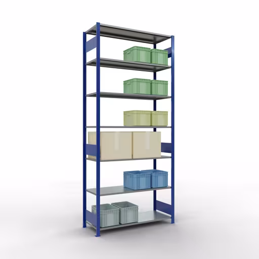 Grundregal, Fachbodenregal Stecksystem MULTIplus150, 3000 x 1300 x 500 mm (HxBxT), 7 Fachböden, Längenriegel, RAL 5010 enzianblau/verzinkt mit der Artikelnr. 12752-130-LR-B Grundregal, Fachbodenregal Stecksystem MULTIplus150, 3000 x 1300 x 500 mm (HxBxT), 7 Fachböden, Längenriegel, RAL 5010 enzianblau/verzinkt von Schulte Lagertechnik aus der Kategorie Stecksystem