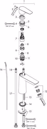 Technische Zeichnung 4073376 Hansgrohe Einhebel-Waschtischmischer 110 TALIS E Nennweite 15 CoolStart mit Garnitur G 1 1/4 Zoll chrom