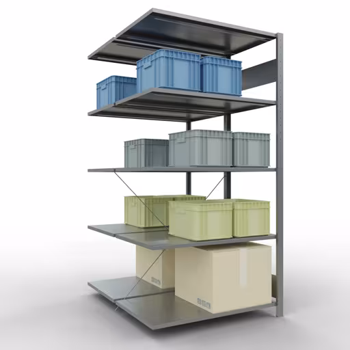 Abbildung Nr 14 des Artikels Anbauregal, Doppelregal, Fachbodenregal Stecksystem MULTIplus150, 2000 x 1000 x (2x600) mm (HxBxT), 2x5 Fachböden, Kreuzstrebe, verzinkt aus der Produktgruppe Fachbodenregale von der Marke Schulte Lagertechnik