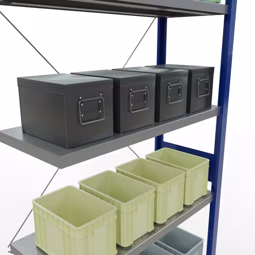 Abbildung Nr 10 des Artikels Anbauregal, Fachbodenregal Stecksystem MULTIplus330, 3000 x 1000 x 400 mm (HxBxT), 7 Fachböden, Kreuzstrebe, RAL 5010 enzianblau/verzinkt aus der Produktgruppe Stecksystem von der Marke Schulte Lagertechnik
