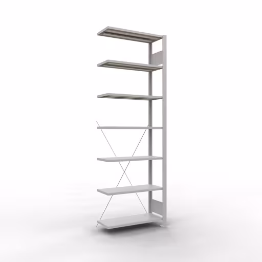 Anbauregal, Büro-Fachbodenregal Stecksystem MULTIplus85, 2300 x 750 x 300 mm (HxBxT), 7 Fachböden, Kreuzstrebe, ohne Anschlagleiste, lichtgrau von der Marke Schulte Lagertechnik Anbauregal, Büro-Fachbodenregal Stecksystem MULTIplus85, 2300 x 750 x 300 mm (HxBxT), 7 Fachböden, Kreuzstrebe, ohne Anschlagleiste, lichtgrau aus der Kategorie Stecksystem mit der Artikelnummer 36033