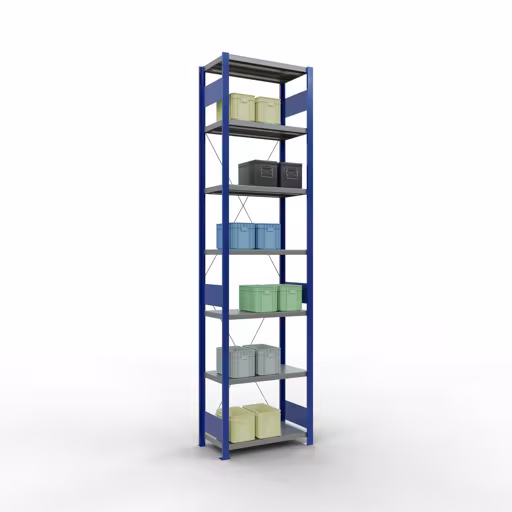 Abbildung Nr 7 des Artikels Grundregal, Fachbodenregal Stecksystem MULTIplus250, 3000 x 750 x 400 mm (HxBxT), 7 Fachböden, Kreuzstrebe, RAL 5010 enzianblau/verzinkt/verzinkt aus der Produktgruppe Stecksystem von der Marke Schulte Lagertechnik
