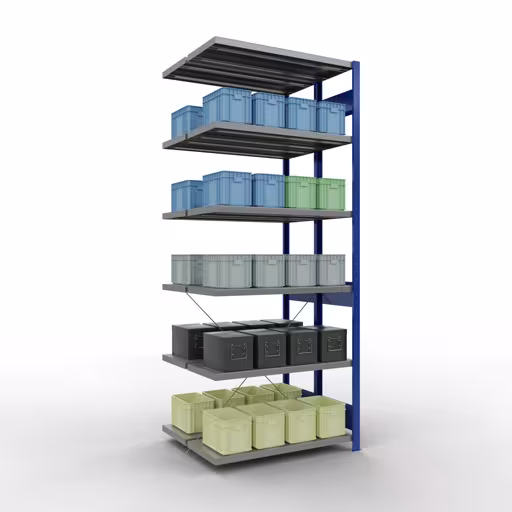 Produktbild Nr 13 des Artikels Anbauregal, Doppelregal, Fachbodenregal Stecksystem MULTIplus250, 2500 x 1000 x (2x400) mm (HxBxT), 2x6 Fachböden, Kreuzstrebe, RAL 5010 enzianblau Abbildung Nr 13 des Artikels Anbauregal, Doppelregal, Fachbodenregal Stecksystem MULTIplus250, 2500 x 1000 x (2x400) mm (HxBxT), 2x6 Fachböden, Kreuzstrebe, RAL 5010 enzianblau aus der Produktgruppe Fachbodenregale von der Marke Schulte Lagertechnik