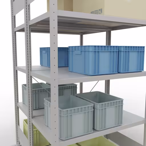 Produktbild Nr.13 des Artikels Grundregal, Doppelregal, Fachbodenregal Stecksystem MULTIplus250, 2000 x 1000 x (2x600) mm (HxBxT), 2x5 Fachböden, Kreuzstrebe, RAL 7035 lichtgrau aus der Produktreihe Fachbodenregale von der Marke Schulte Lagertechnik