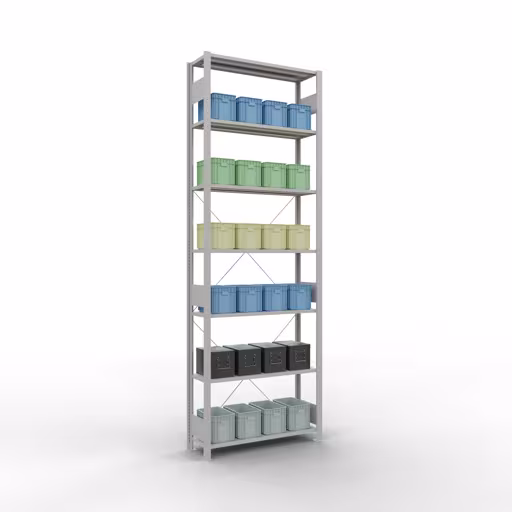 Abbildung Nr 14 des Artikels Grundregal, Fachbodenregal Stecksystem MULTIplus150, 3000 x 1000 x 300 mm (HxBxT), 7 Fachböden, Kreuzstrebe, RAL 7035 lichtgrau aus der Produktgruppe Stecksystem von der Marke Schulte Lagertechnik