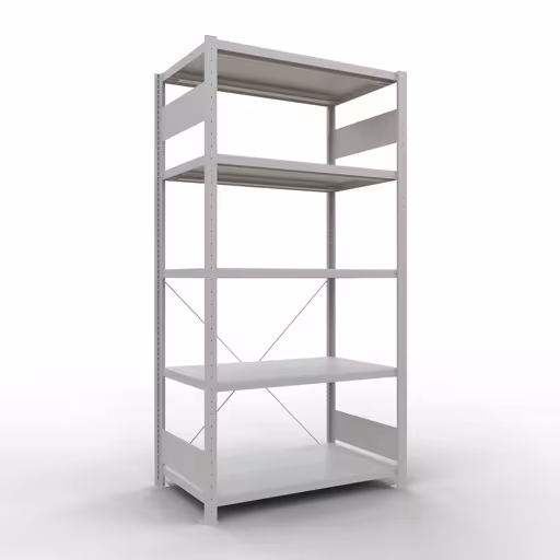 Grundregal, Fachbodenregal Stecksystem MULTIplus330, 2000 x 1000 x 600 mm (HxBxT), 5 Fachböden, Kreuzstrebe, RAL 7035 lichtgrau aus der Kategorie Grundregal mit der Artikelnummer 33860