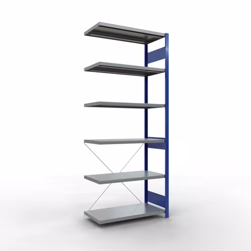 Anbauregal, Fachbodenregal Stecksystem MULTIplus250, 2500 x 1000 x 500 mm (HxBxT), 6 Fachböden, Kreuzstrebe, RAL 5010 enzianblau/verzinkt aus der Kategorie Anbauregal mit der Artikelnummer 12956-B