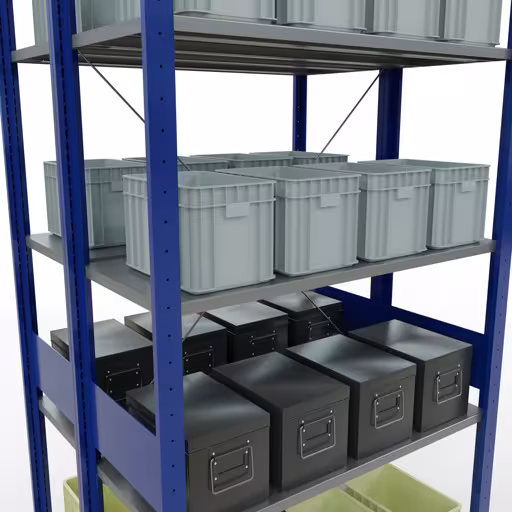 Produktbild Nr.7 des Artikels Grundregal, Doppelregal, Fachbodenregal Stecksystem MULTIplus150, 3000 x 1000 x (2x800) mm (HxBxT), 2x7 Fachböden, Kreuzstrebe, RAL 5010 enzianblau aus der Produktreihe Fachbodenregale von der Marke Schulte Lagertechnik