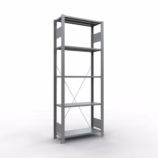 Grundregal, Fachbodenregal Stecksystem MULTIplus150, 2000 x 750 x 300 mm (HxBxT), 5 Fachböden, Kreuzstrebe, verzinkt aus der Kategorie Grundregal mit der Artikelnummer 12730-75