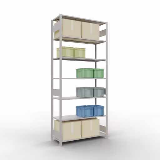 Grundregal, Fachbodenregal Stecksystem MULTIplus150, 3000 x 1300 x 500 mm (HxBxT), 7 Fachböden, Längenriegel, RAL 7035 lichtgrau von der Marke Schulte Lagertechnik aus der Produktreihe Stecksystem