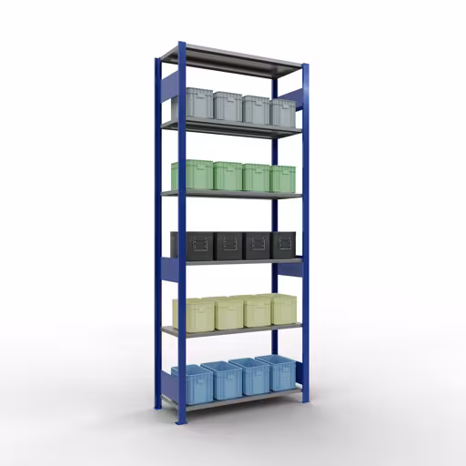 Produktbild Nr 12 des Artikels Grundregal, Fachbodenregal Stecksystem MULTIplus85, 2500 x 1000 x 400 mm (HxBxT), 6 Fachböden, Längenriegel, RAL 5010 enzianblau Abbildung Nr 12 des Artikels Grundregal, Fachbodenregal Stecksystem MULTIplus85, 2500 x 1000 x 400 mm (HxBxT), 6 Fachböden, Längenriegel, RAL 5010 enzianblau aus der Produktgruppe Stecksystem von der Marke Schulte Lagertechnik