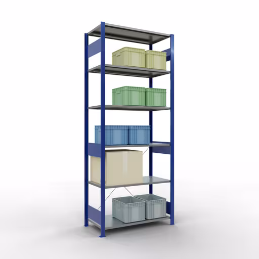 Abbildung Nr 8 des Artikels Grundregal, Fachbodenregal Stecksystem MULTIplus85, 2500 x 1000 x 500 mm (HxBxT), 6 Fachböden, Kreuzstrebe, RAL 5010 enzianblau aus der Produktgruppe Stecksystem von der Marke Schulte Lagertechnik