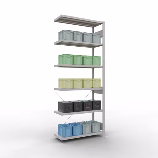 Anbauregal, Fachbodenregal Stecksystem MULTIplus330, 2500 x 1000 x 400 mm (HxBxT), 6 Fachböden, Kreuzstrebe, RAL 7035 lichtgrau von Schulte Lagertechnik mit der Artikelnr. 33846