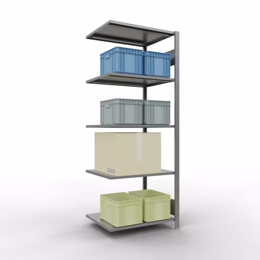 Anbauregal, Fachbodenregal Stecksystem MULTIplus150, 2000 x 750 x 600 mm (HxBxT), 5 Fachböden, Längenriegel, verzinkt von Schulte Lagertechnik mit der Artikelnr. 12765-75-LR