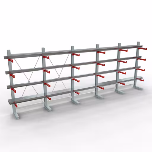Abbildung Nr 9 des Artikels K 3000 Komplettregal, einseitig, 2500 x 6500 x 500 mm, RAL 7001 / RAL 3000, 5 Lagerebenen aus der Produktgruppe Kragarmregale von der Marke Schulte Lagertechnik