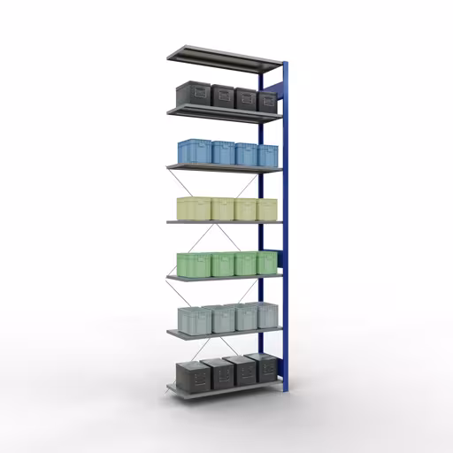 Produktbild Nr.11 des Artikels Anbauregal, Fachbodenregal Stecksystem MULTIplus150, 3000 x 1000 x 400 mm (HxBxT), 7 Fachböden, Kreuzstrebe, RAL 5010/verzinkt aus der Produktreihe Stecksystem von der Marke Schulte Lagertechnik
