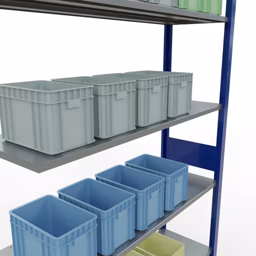 Zusatzbild des Artikels Anbauregal, Fachbodenregal Stecksystem MULTIplus150, 3000 x 1300 x 400 mm (HxBxT), 7 Fachböden, Längenriegel, RAL 5010 enzianblau/verzinkt aus Anbauregal