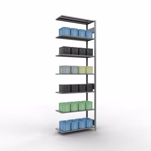 Zusatzbild des Artikels Anbauregal, Fachbodenregal Stecksystem MULTIplus150, 3000 x 1000 x 400 mm (HxBxT), 7 Fachböden, Längenriegel, verzinkt aus Anbauregal